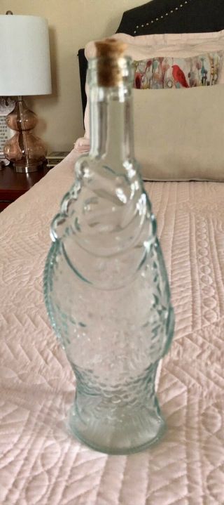13” Fish Shaped Aqua Green Glass Bottle Decanter Wine With Cork Nautical