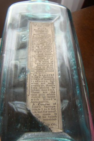 Antique Labeled HOOD ' S SARSAPARILLA - LOWELL,  MASS.  Quack Medicine Bottle 2