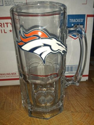Denver Broncos Nfl X - Large 32oz Glass 3d Mug With Metal Emblem Rare Euc
