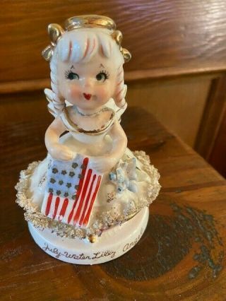 Vintage Napco? Birthday Angel,  July Water Lilly Angel,  Holding Usa Flag.  4 "