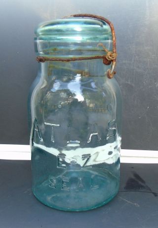 Antique Atlas E - Z Seal Quart Glass Fruit Canning Jar Aqua Blue Wire Bail Lid