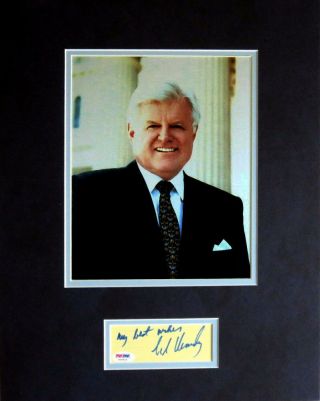 Senator Ted Kennedy Autographed Card,  Photo Matted Display Psa Authenticated