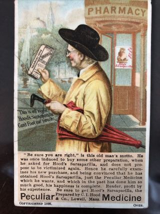1880s Hoods Sarsaparilla Medicine Advertising Card Showing Packaging