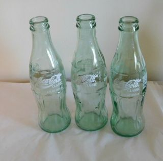 3 Coca - Cola Classic Coke Bottles Green Glass W/ White Print 8 Oz