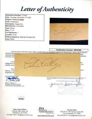 Calvin Coolidge Jsa Hand Signed 2x6 Cut Autograph