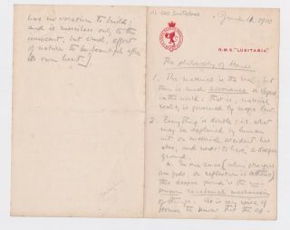 George Santayana Autograph Notes Philosophy Of Homer On Rms Lusitania Letterhead