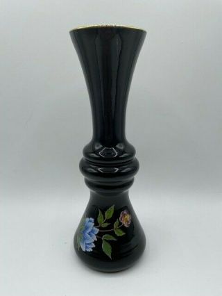 Vintage Norleans Italy Black Glass Vase Painted Flower
