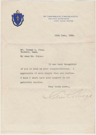 President Calvin Coolidge Typed Letter Signed - 1920 - Re His Nomination For Vp