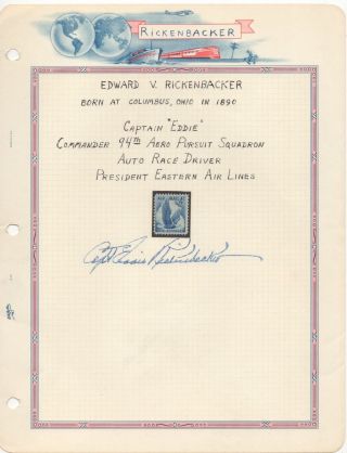 Eddie Rickenbacker - Wwi Flying Ace - Autographed Stamp Display