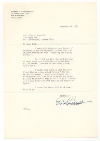 Eddie Rickenbacker - Wwi Fighting Ace - Autographed Letter (tls),  1967