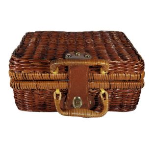 Vintage Wicker Woven & Leather Picnic Basket Lunch Box Latch Lock Lined Checker