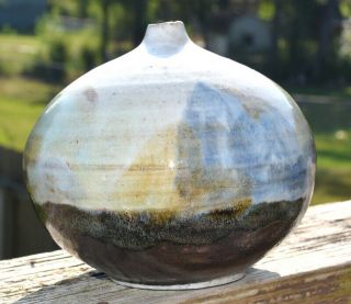 Signed 1977 Globe Orb Shaped Studio Pottery Weed Pot Bud Vase Black Blue Green
