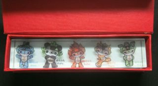 2008 Beijing Olympics Glass Paperweight W/ 5 Mascots Collectible Paperweight 7 "