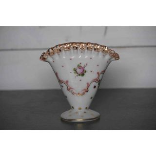 Fenton Hand Painted Pink Roses And White Fan Vase