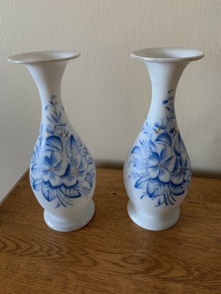 Antique Pair Bristol Glass Blue & White Mantle Vases,  8” Floral
