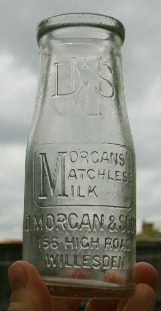 1920s Morgans Dairy Willesden London Welsh Dairy 1/2pt Milk Bottle Flower Vase
