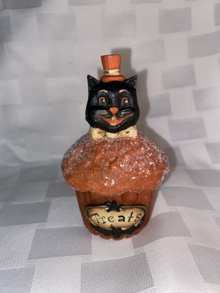 Vintage Halloween Black Cat “treats” Cupcake Trinket Candy Holder Box