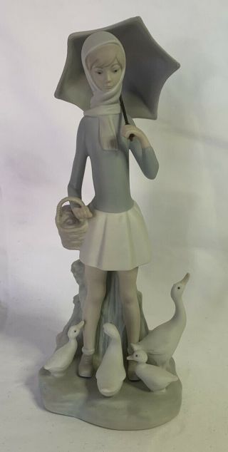 I.  Vintage Lladro Girl With Umbrella And Geese 4510 Matte Finish