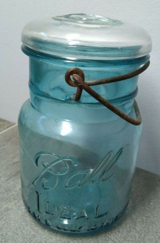 Vintage Teal Blue Ball Ideal Mason Canning Jar Pint Glass Lid Wire Bail