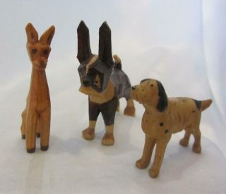 Three Small Vintage Carved Wood Dogs - Frenchie - Spaniel And ?