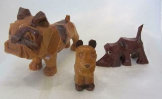 Three Small Vintage Carved Wood Dogs - Bulldog - Hound Dog And ?