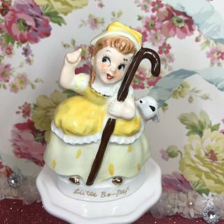 Vtg Napco? Little Bo Peep Girl Yellow Dress Hook Staff With Sheep Figurine Japan