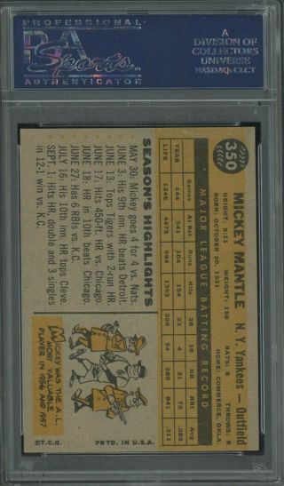 1960 Topps 350 Mickey Mantle York Yankees HOF PSA 7 NM 