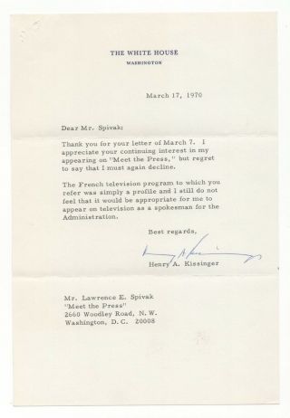 Henry Kissinger - U.  S.  Secretary Of State - Autographed Letter (tls) 1970