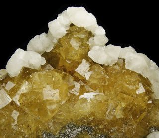 Yellow Fluorite Crystals With Calcite From Villabona Mine - Spain