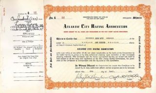 Atlantic City Racing Association Signed By John B.  Kelly,  Sr.  - Stock Certificat
