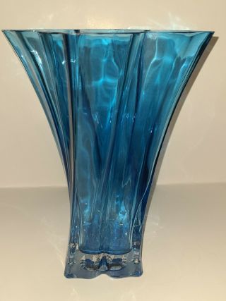 Vintage Twisted Square Leaf Shaped Cobalt Blue Flash Art Glass Vase 9.  5 " H