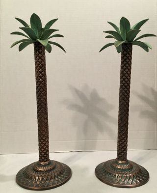 Set of 2 Tropical Metal Bronze Palm Tree Candle Stick Holders 3