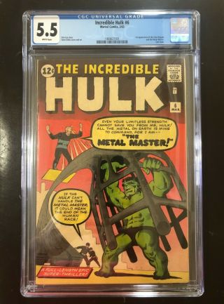 Incredible Hulk 6 Cgc 5.  5 White Pages.  Last Issue.  1st App Teen Brigade.  1963.