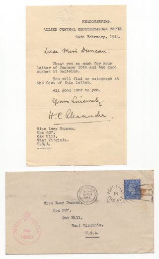 Harold Alexander,  1st Earl Alexander Of Tunis - Autographed Letter (tls),  1944