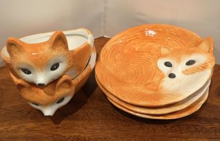 Better Homes & Gardens Heritage Forest Fox Earthenware Set Of 2 Bowls & 3 Plates