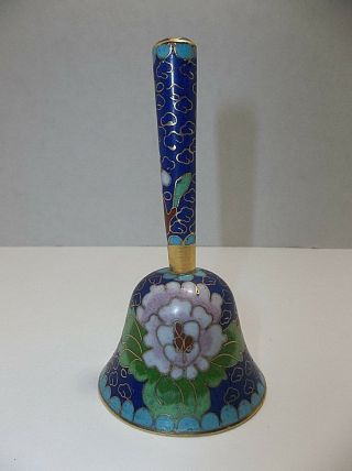 Vintage Chinese Cloisonne Enamel Hand Bell Cobalt Blue Pink Flowers