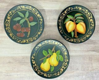 Hand Painted 6 " Decorative Wall Plates Set Of 3 Fruit Design Black With Gold