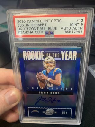 Justin Herbert Rookie Of The Year Contenders Blue Color Match On Card Auto Psa 9