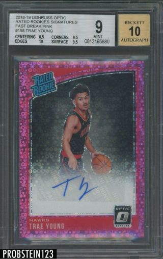 2018 - 19 Donruss Optic Pink Fast Break Prizm 198 Trae Young Rc Auto /20 Bgs 9