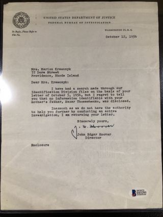 John J.  Edgar Hoover Autograph Signed Letter Bas Autenticated