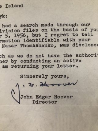 John J.  Edgar Hoover autograph signed letter BAS autenticated 2
