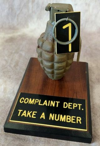 Vintage Dummy Hand Grenade,  Complaint Dept,  Take A Number Cast Iron