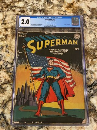 Superman 24 Cgc 2.  0 Rare White Pages Classic Flag Cover Iconic Book Best Cover