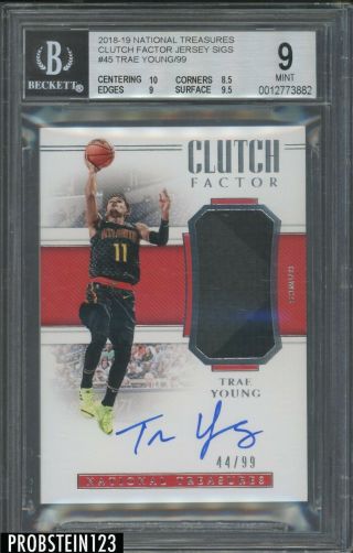 2018 - 19 National Treasures Clutch Factor Trae Young Rc Jersey Auto /99 Bgs 9
