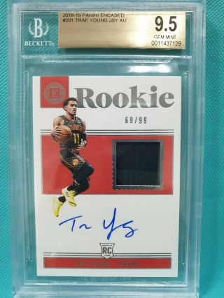 2018 - 19 Panini Encased 201 Trae Young 69/99 Rookie Auto Jersey Bgs 9.  5 10 Rc U1