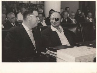 MOSHE DAYAN.  Photo of Dayan & Abba Eban signed on verso by Dayan in Eng & Hebrew 2