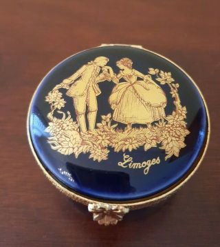 Limoges Castel Courting Couple Cobalt Blue And Gold Trinket Or Pill Box France