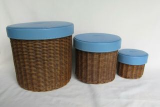 Levenger Leather & Wicker Set Of 3 Nesting Baskets Blue Lids