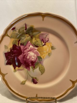 Vtg Imperial Porzellan Hand Painted Rose Plate W Gold Trim Bavaria 10.  5 " Signed