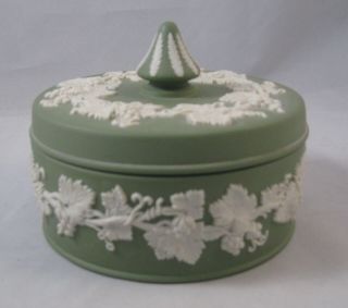 Wedgewood Green Jasperware - Trinket/dresser/powder/candy Box - Grapevine Design